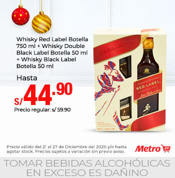Whisky Red Label Botella 750 ml + Whisky Double Black Label Botella 50 ml + Whisky Black Label Botella 50 ml