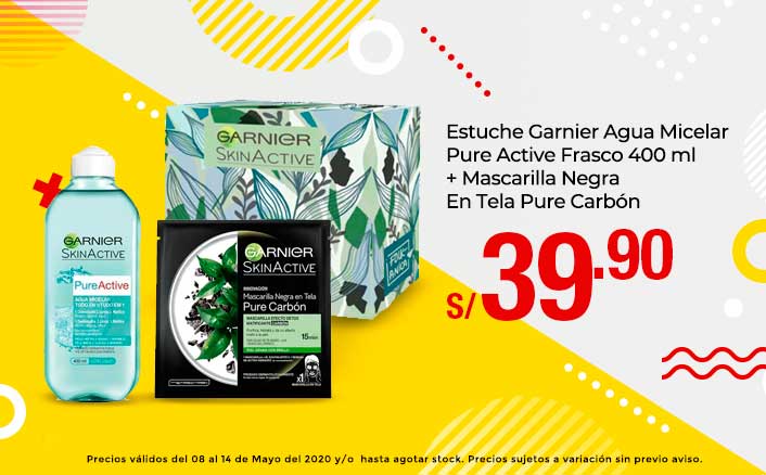 Estuche Garnier Agua Micelar Pure Active Frasco 400 ml + Mascarilla Negra En Tela Pure Carbón