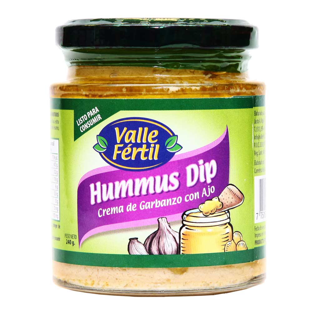 Crema de Garbanzo Valle Fertil Hummus Dip con Ajo Frasco 240 g