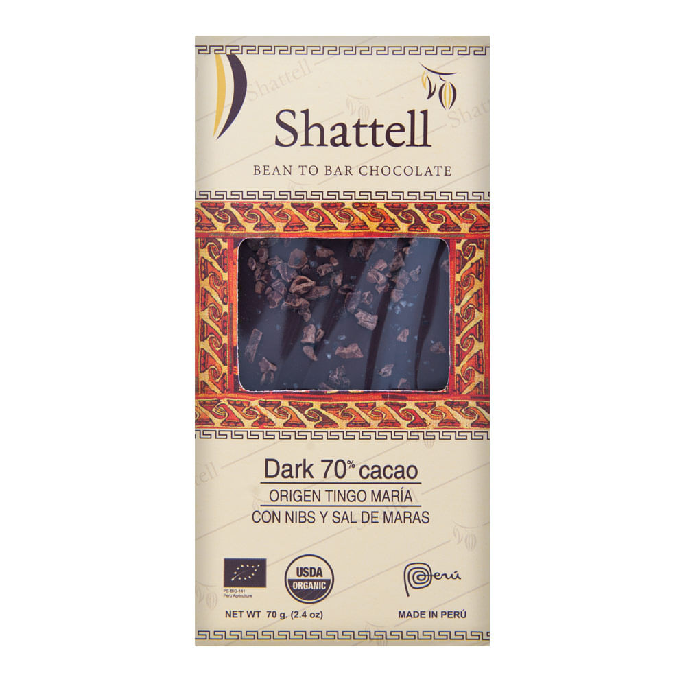 Chocolate Orgánico 70% Cacao Nibs de Cacao y Sal de Maras Shattell Tableta 70 g