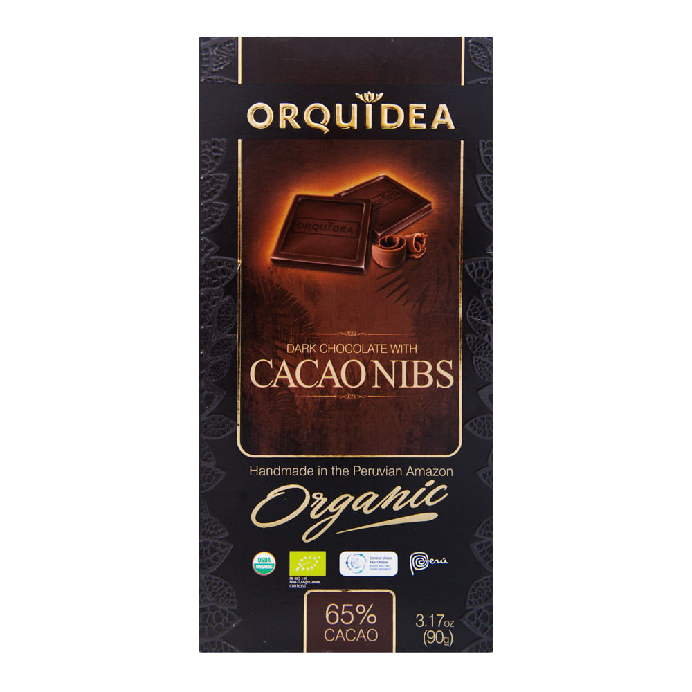 Chocolate Orgánico 65% Cacao Nibs de Cacao Orquídea Tableta 90 g