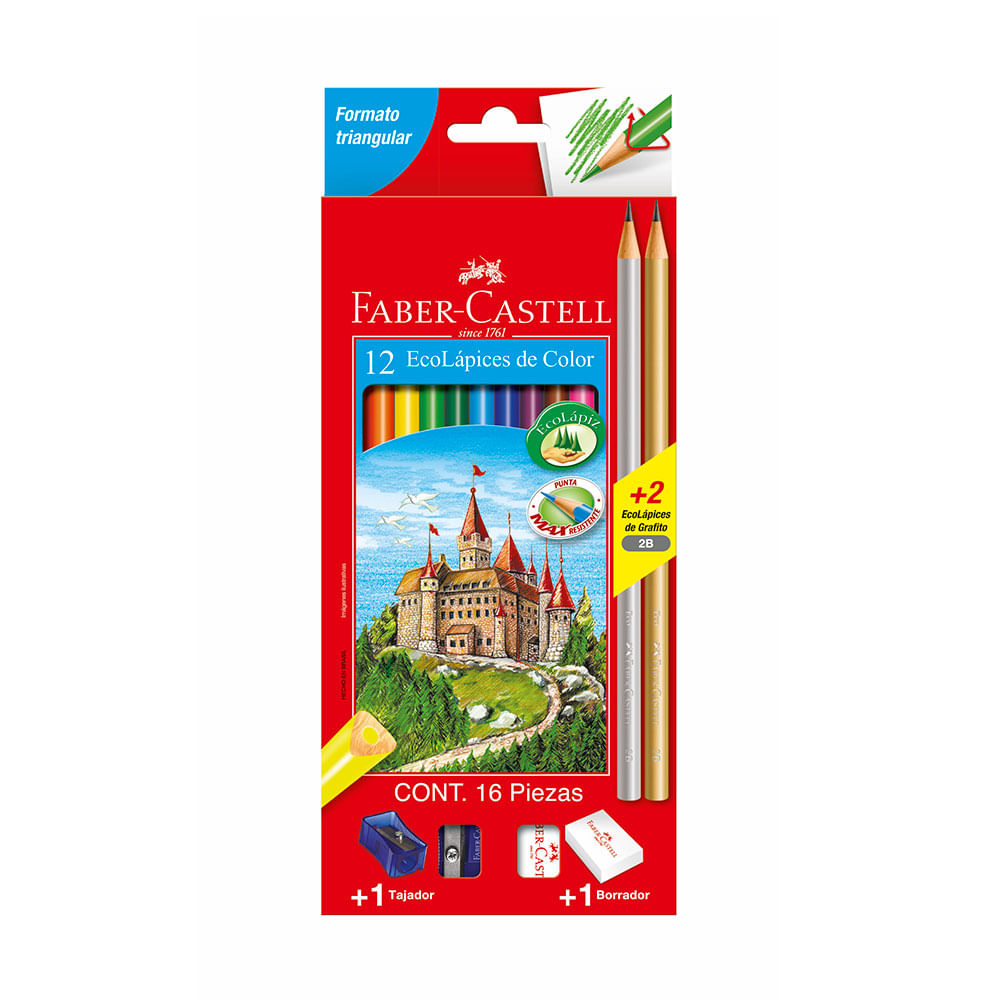 Ecolápices de Color Faber Castell Estuche 12 Colores + 2 Lápices Grafito 2B + Borrador + Tajador 12 colores faber castell