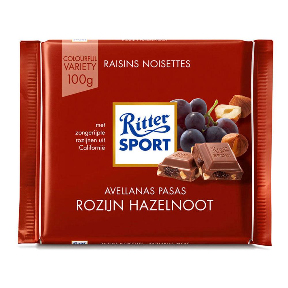 Chocolate de Leche Ritter Sport Pasas y Avellanas Tableta 100 gr