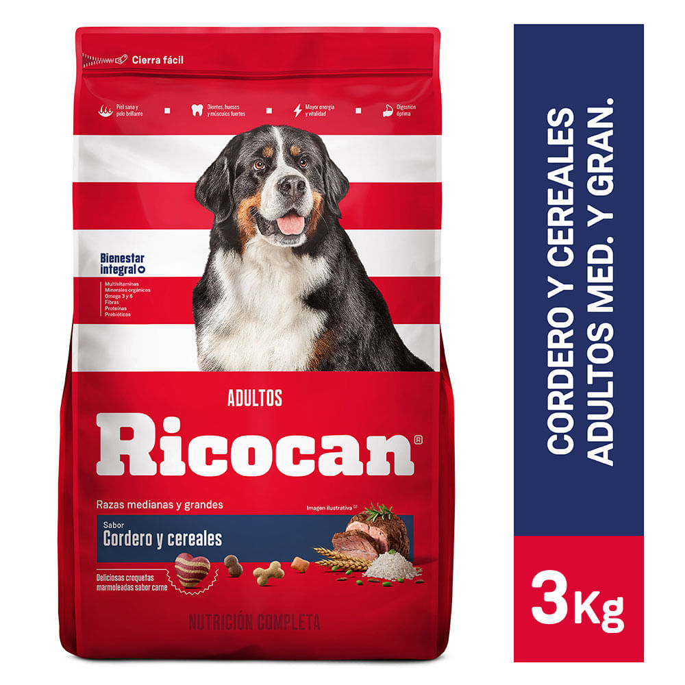 Ricocan Alimento para Perros Adultos Raza Mediana / Grande Cordero y Cereales Bolsa 3 Kg