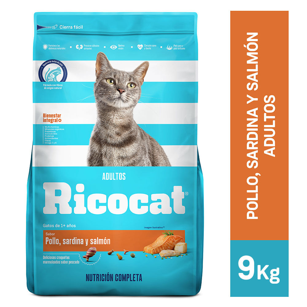 Ricocat Alimento para Gatos Adultos Pollo, Sardina y Salmón Bolsa 9 Kg