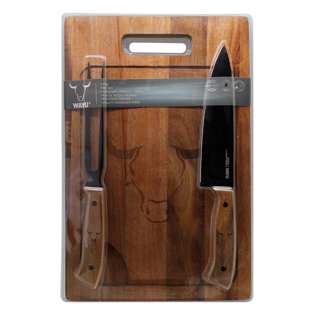 Wayu Tabla para Picar + Cuchillo Parrillero PRM + Tenedor Parrillero PRM