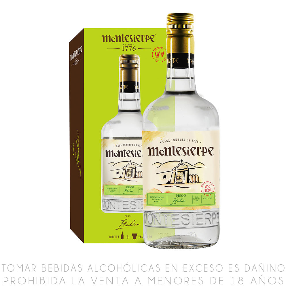 Pisco Puro Italia Montesierpe Botella 700ml + Vaso Kero