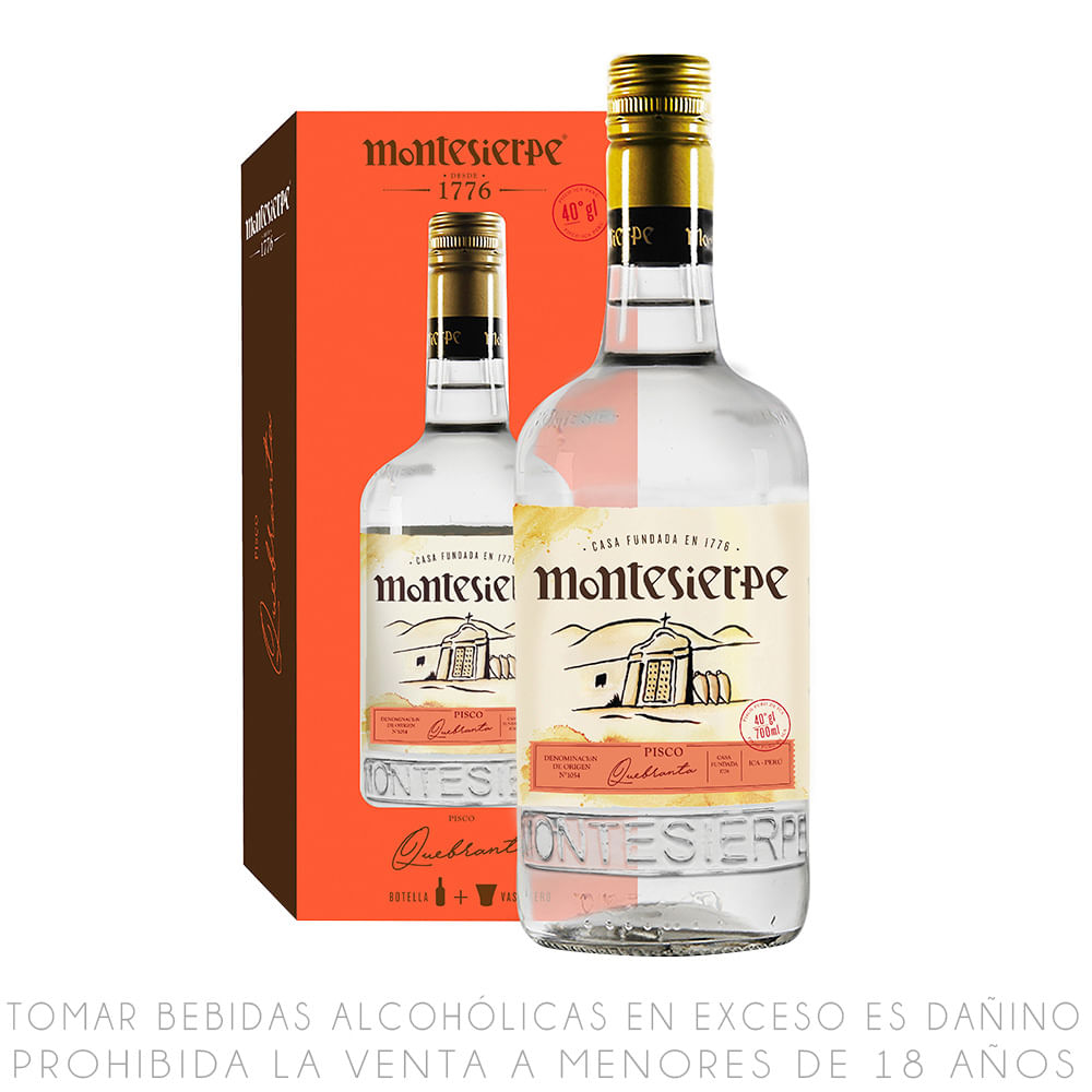 Pisco Puro Quebranta Montesierpe Botella 700ml + Vaso Kero