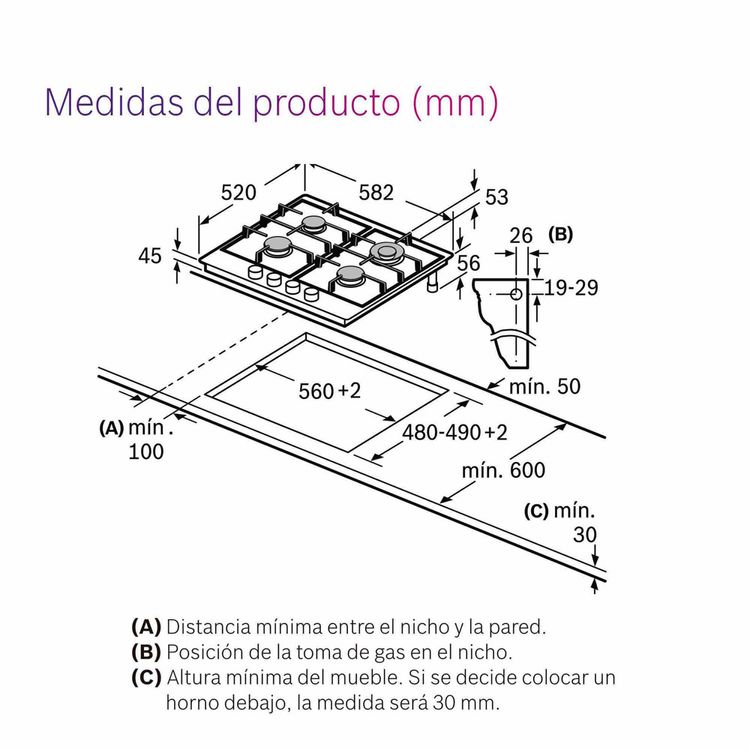 Bosch Cocina Empotrable A Gas PGH6B5B60V 4 Hornillas - Wong