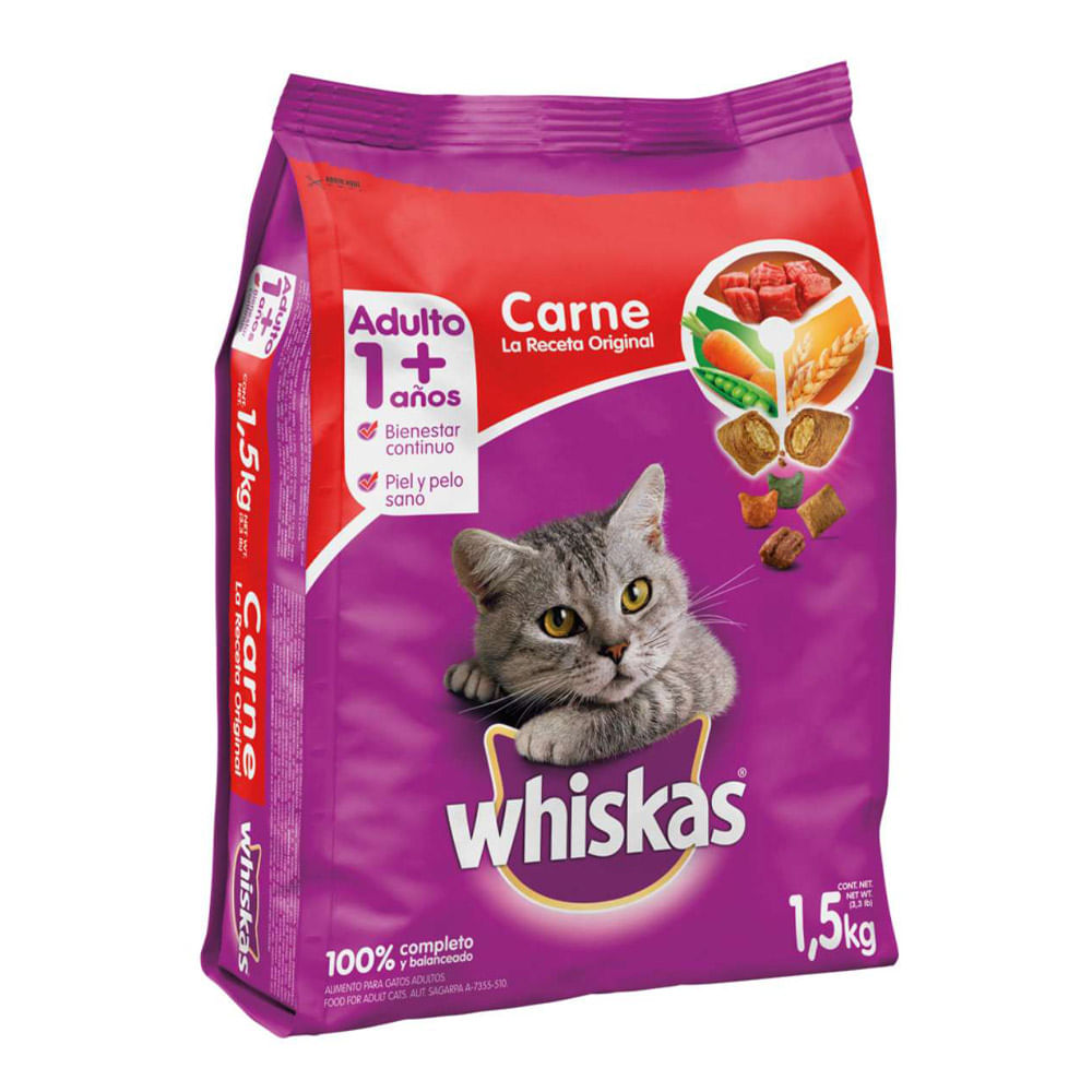Whiskas Alimento Seco para Gatos Adultos Sabor Carne Bolsa 1.5 Kg