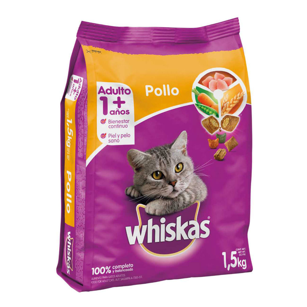 Whiskas Alimento Seco para Gatos Adultos Sabor Pollo Bolsa 1.5 Kg