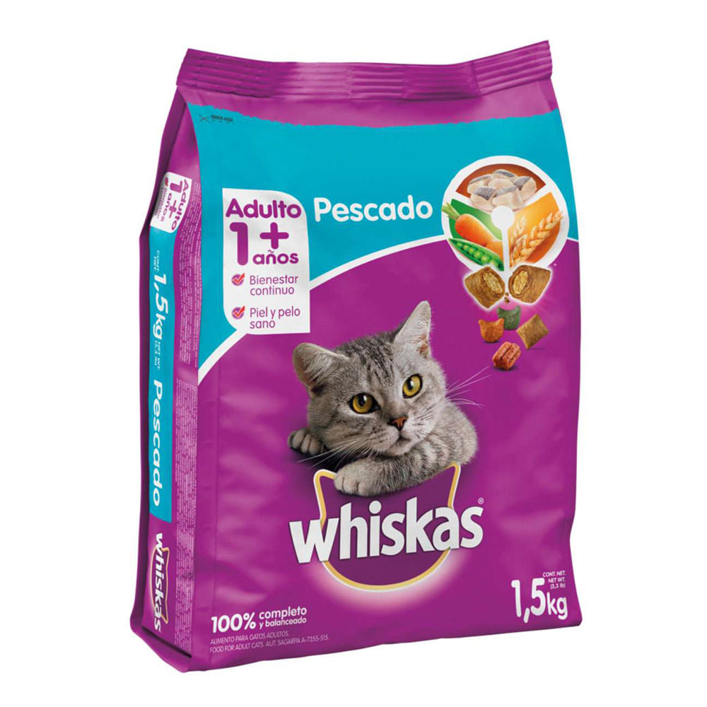 Whiskas Alimento Seco para Gatos Adultos Sabor Pescado Bolsa 1.5 Kg