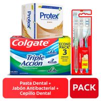 Crema Colgate Triple Acción Caja 3 Unid x75ml c/u + Cepillo Pro Cuidado Pack x 3 + Jabón Protex Avena Pack x 3