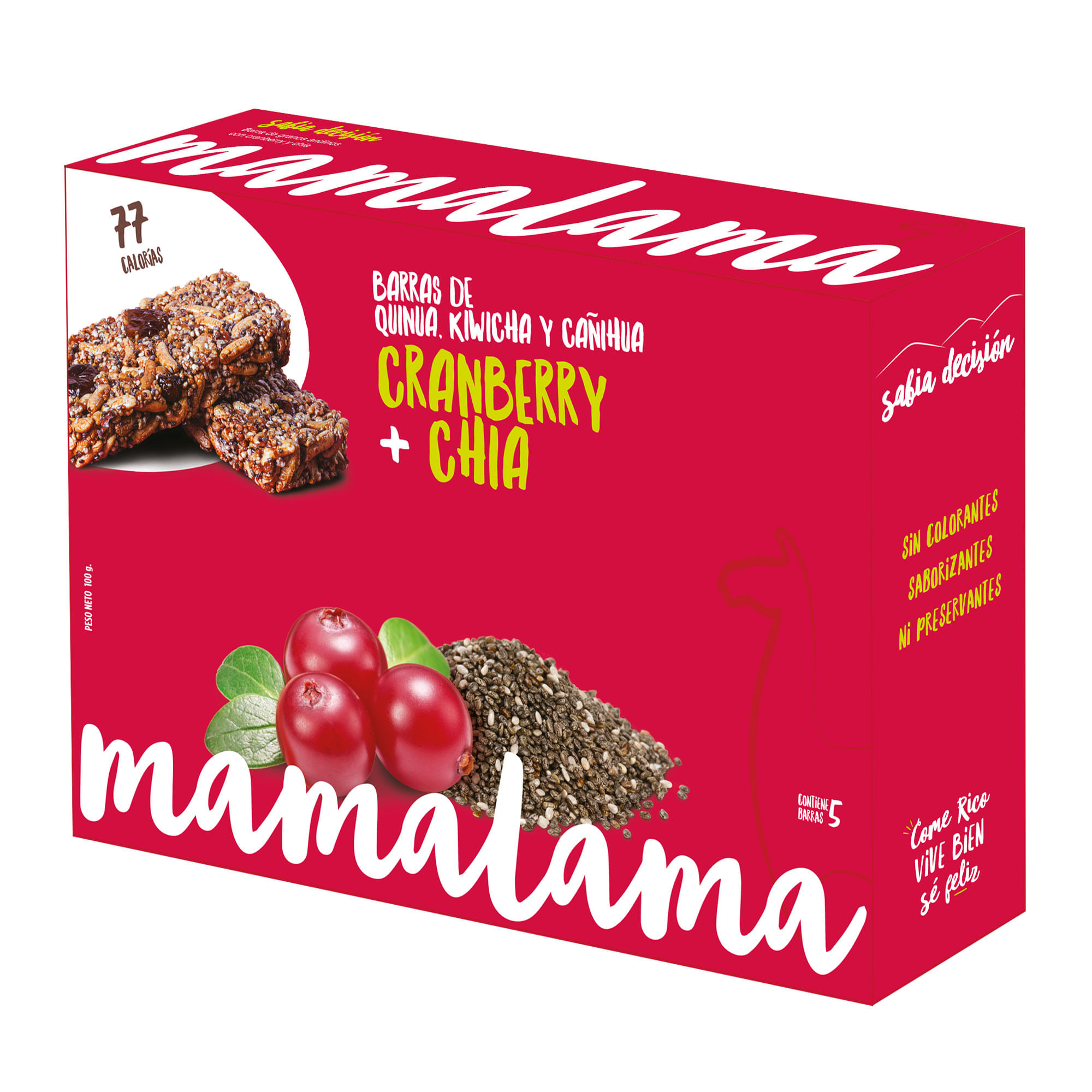 Barra de Quinua, Kiwicha y Cañihua Con Cranberry + Chia Mamalama Caja 5 Unidades