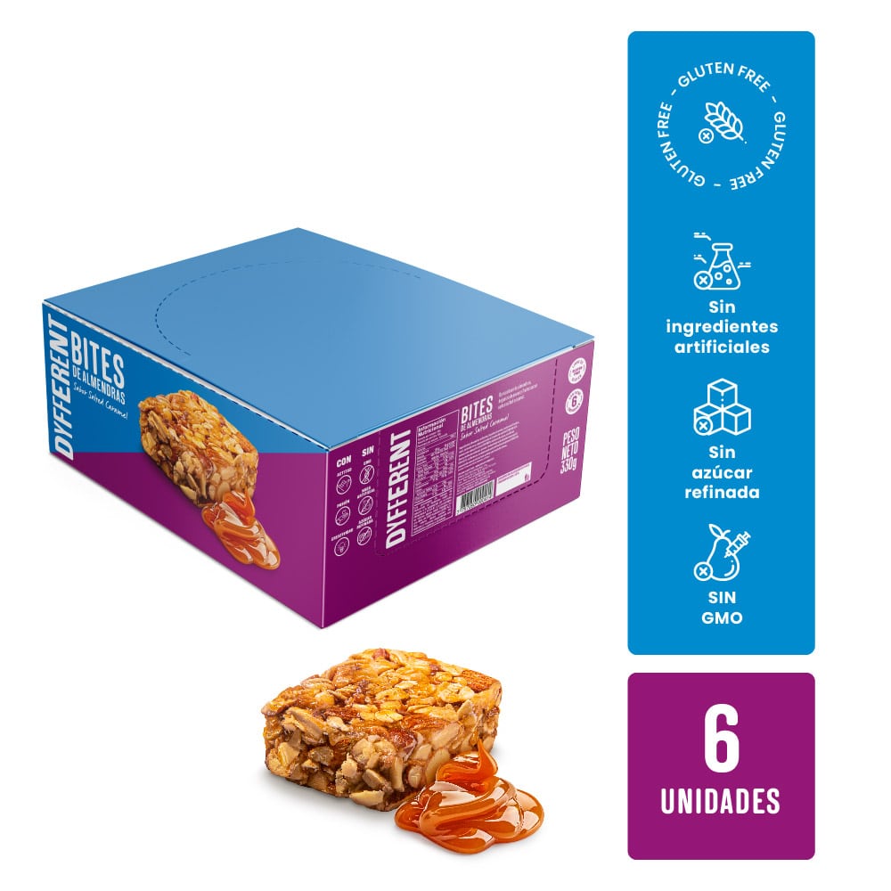 Barras de Almendras, Hojuelas Avena y Frutos Secos Sabor Salted Caramel Dyfferent Pack 6 Paquetes de 55 g c/u