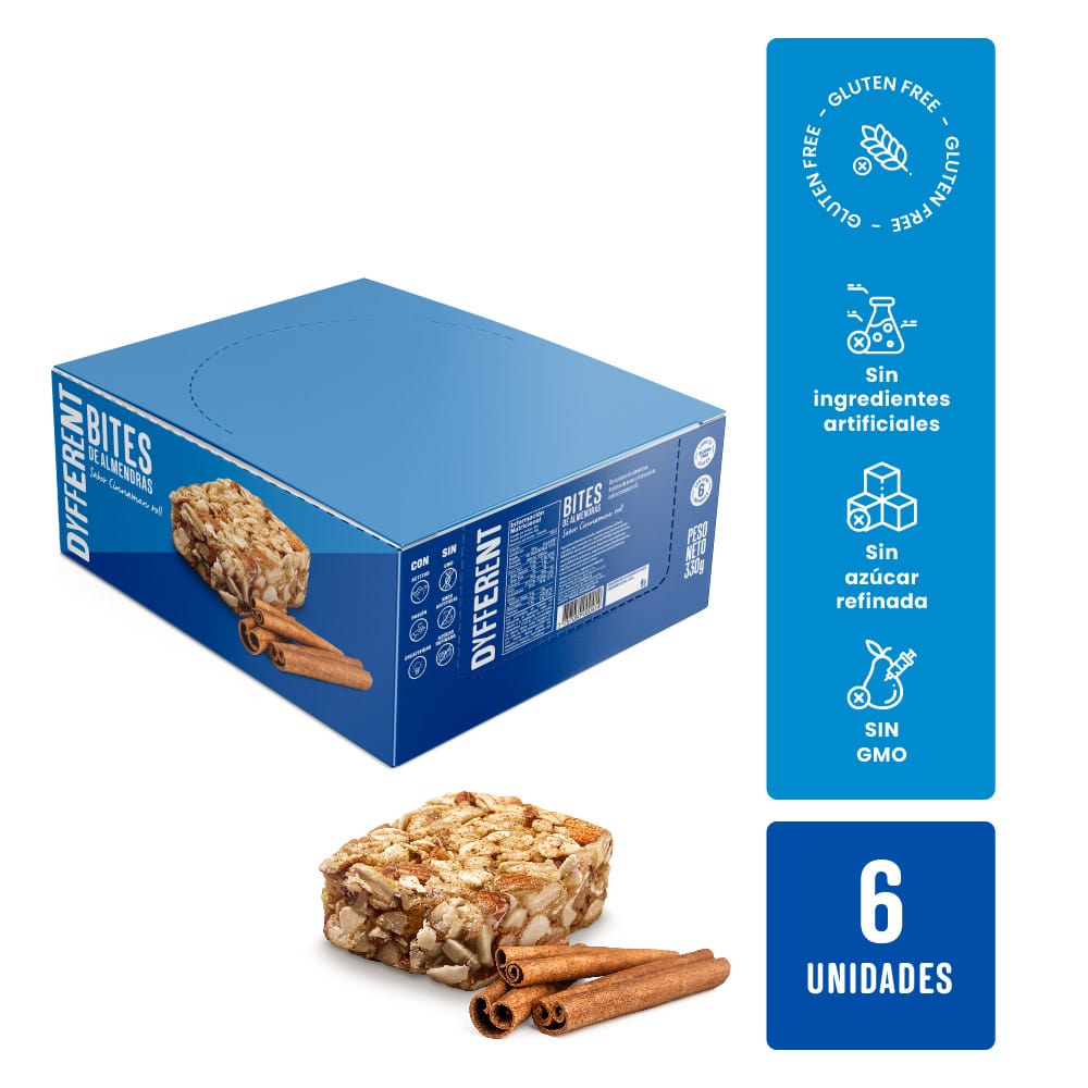 Barras de Almendras, Hojuelas Avena y Frutos Secos Sabor Cinnamon Roll Dyfferent Pack 6 Paquetes de 55 g c/u