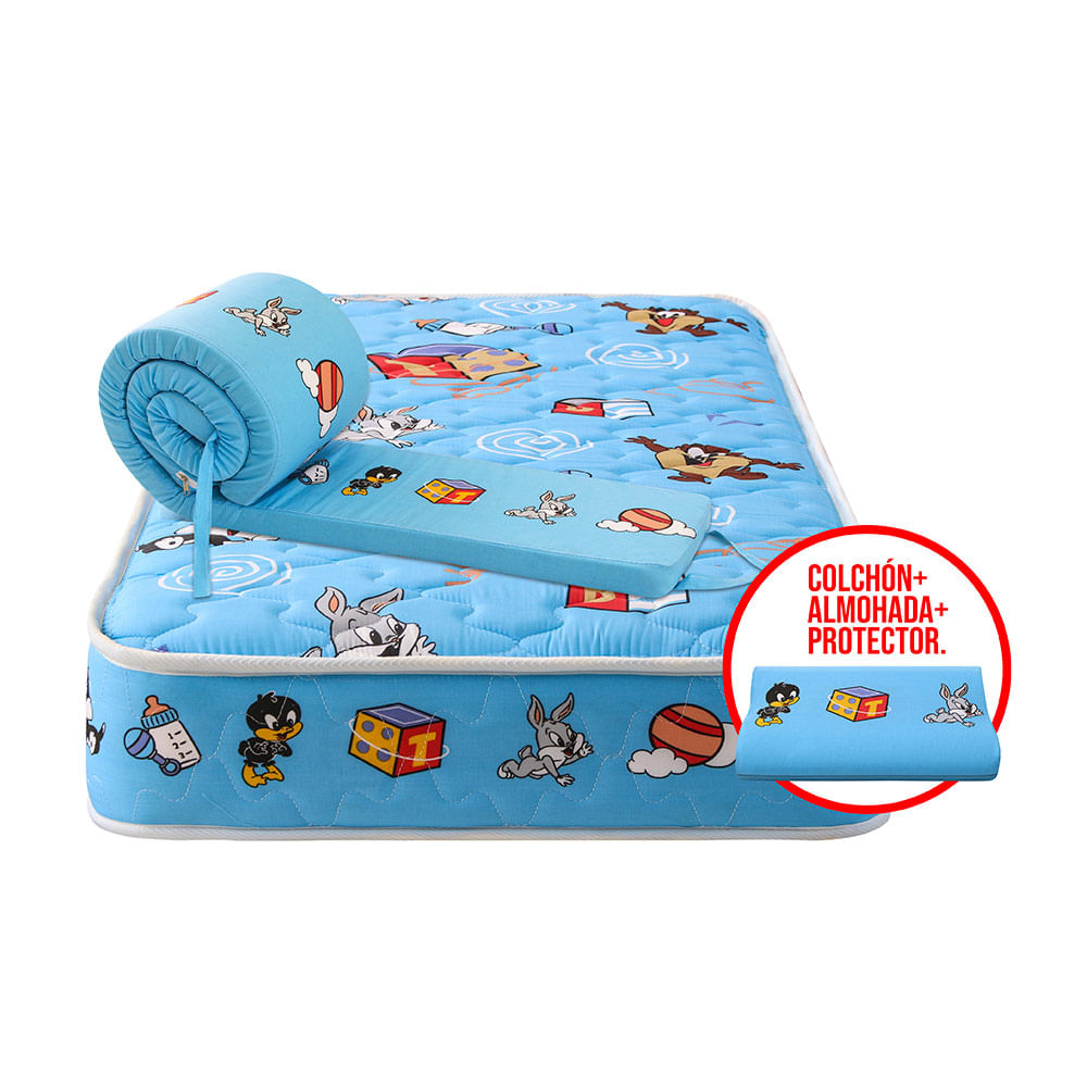 Forli Colchón Cuna Looney Tunes Baby + Almohada + Protector de Borde para Cuna Azul