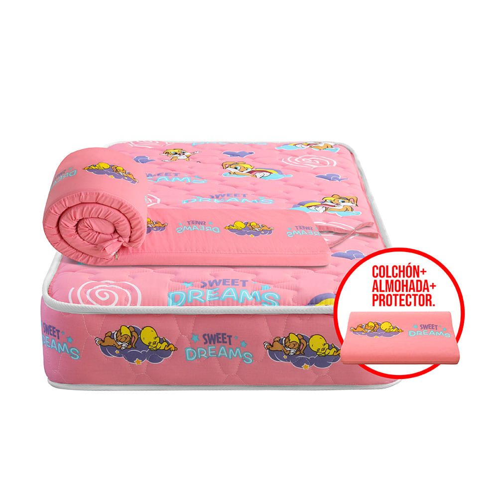 Forli Colchón Cuna Looney Tunes Baby + Almohada + Protector de Borde para Cuna Rosado