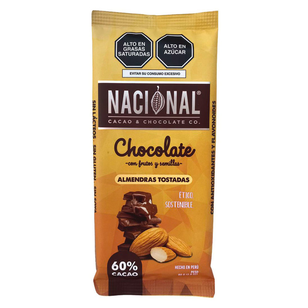 Chocolate Oscuro 60% Cacao Almendras Tostadas Nacional Tableta 80 g