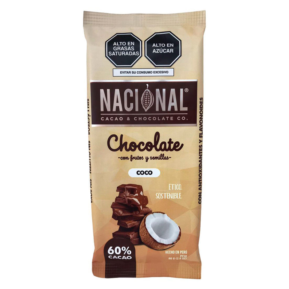 Chocolate Oscuro 60% Cacao Coco Nacional Tableta 80 g