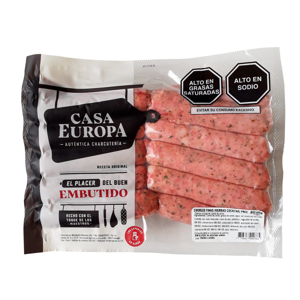 Chorizo Finas Hierbas Coctel Precocido Casa Europa Paquete 500 g