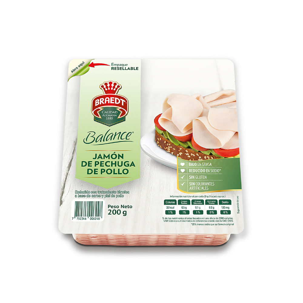 Jamón de Pechuga de Pollo Braedt Balance Paquete 200 g