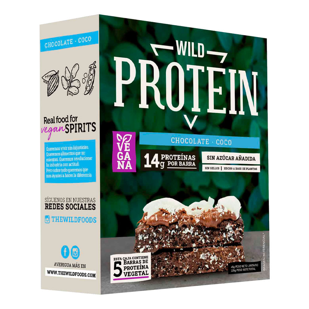 Barra de Proteína Vegetal Vegana Chocolate Coco Wild Protein Caja 5 unid