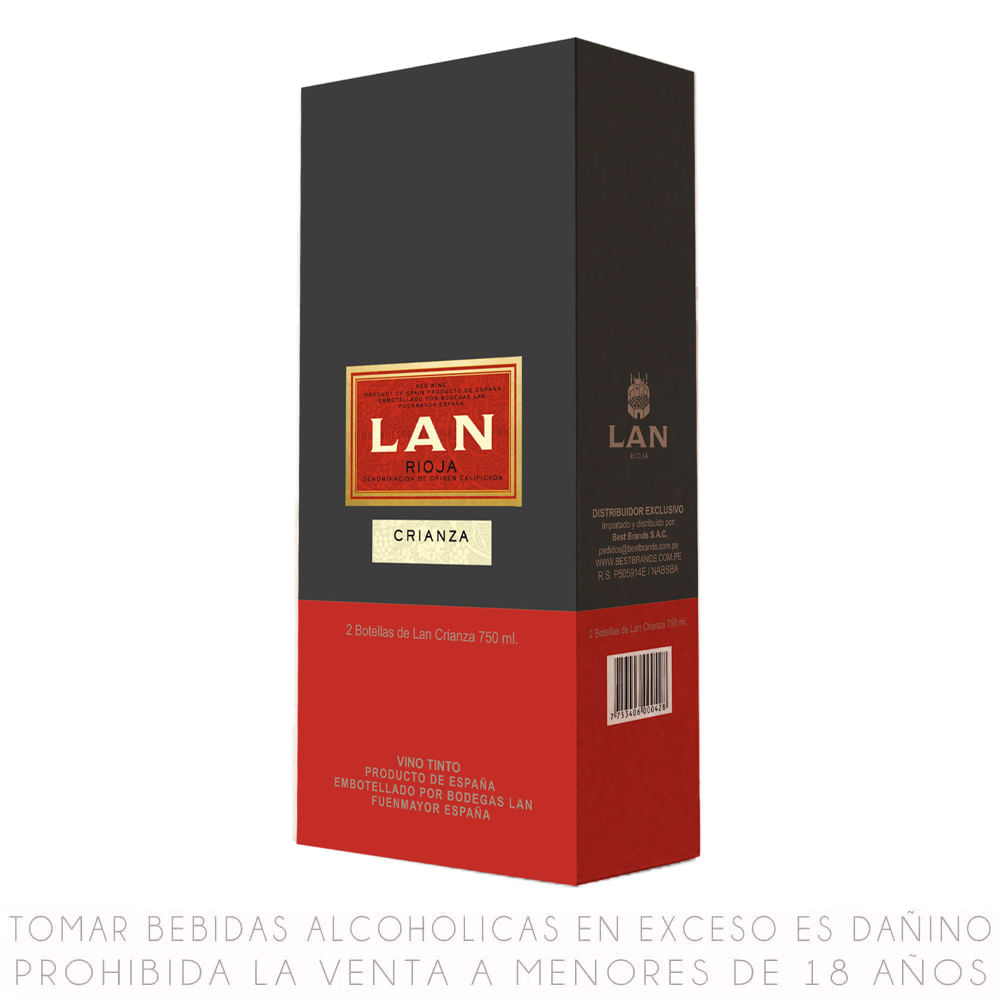 Twopack Vino Tinto Tempranillo Crianza Lan Botella 750ml