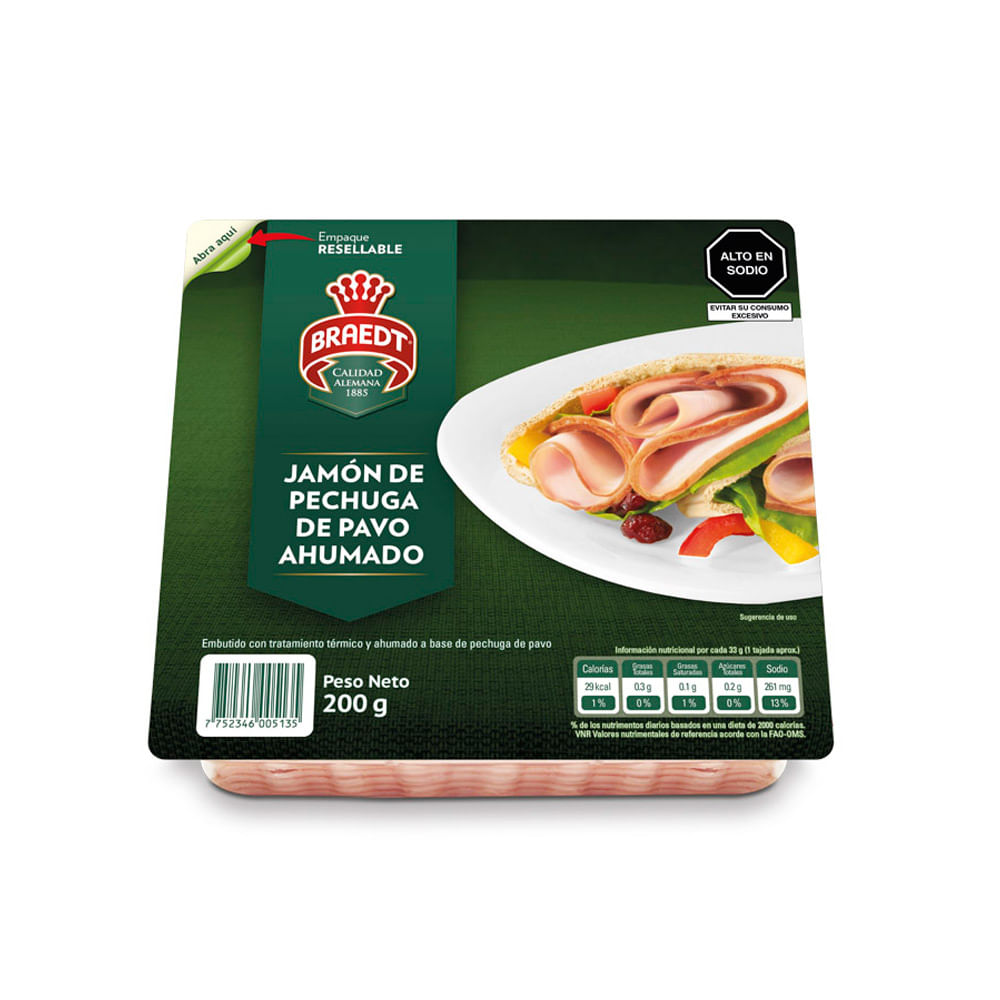 Jamón de Pechuga de Pavo Ahumado Braedt Paquete 200 g