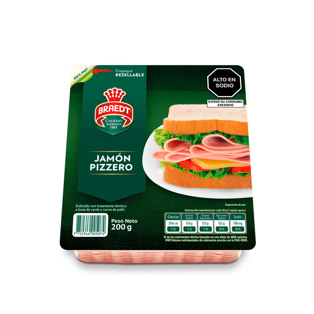 Jamón Pizzero Braedt Paquete 200 g