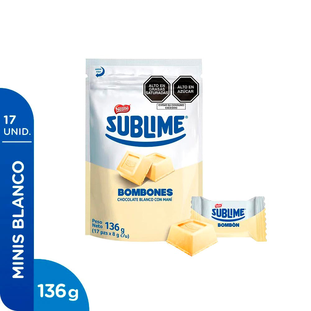 Bombones de Chocolate Blanco con Maní 41% Cacao Sublime Doypack 17 unid
