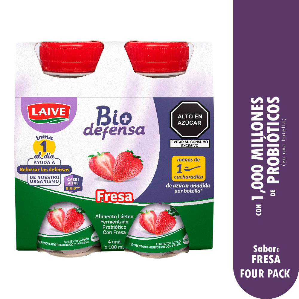 Pack x4 Alimento Fermentado Fresa Laive Bio Defensa 100ml