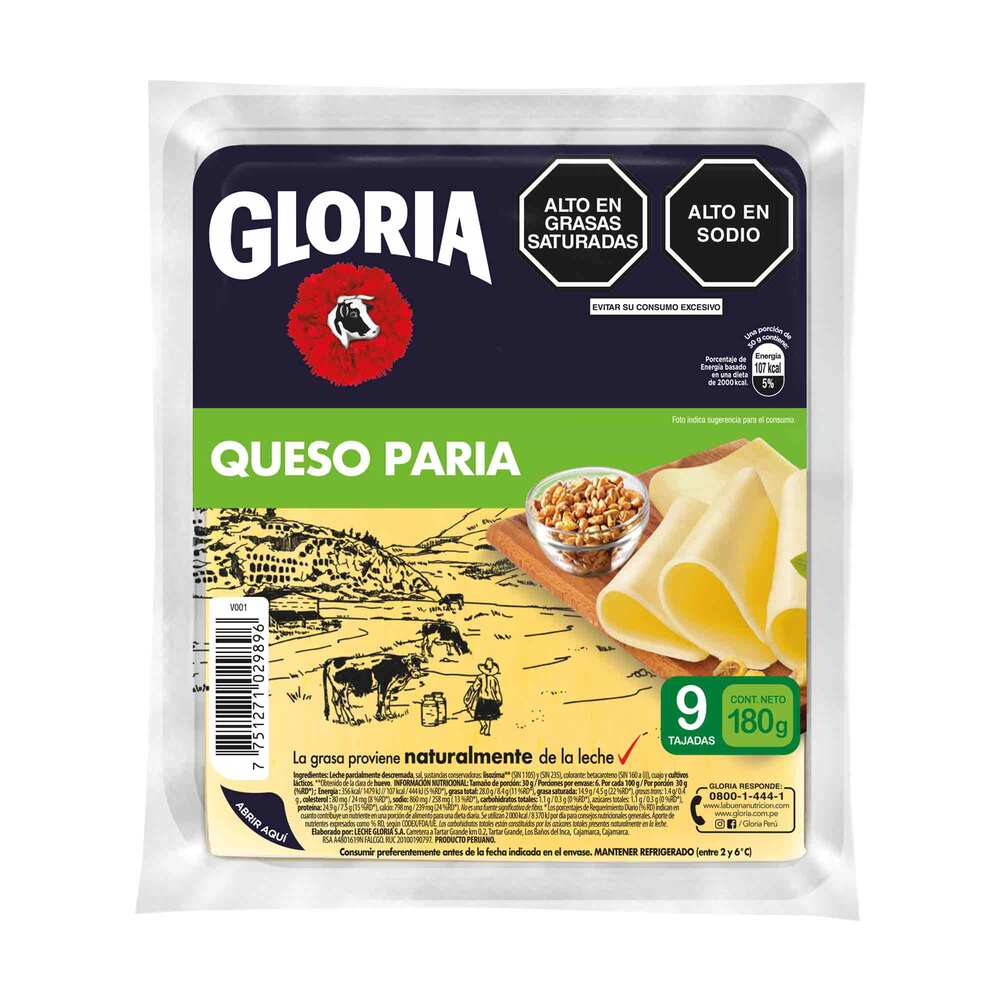 Queso Paria en Tajadas Gloria 180g