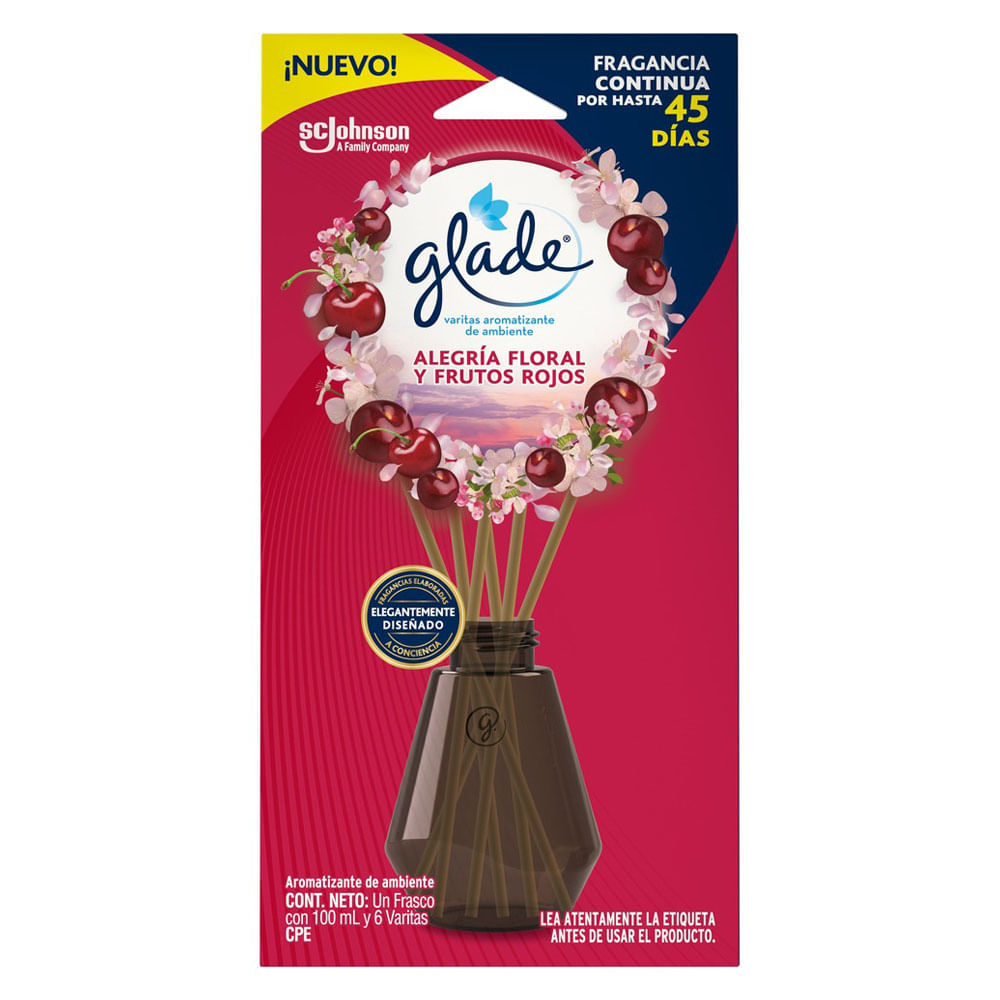 Varitas Ambientador Glade Alegría Floral y Frutos Rojos Frasco con 100ml y 6 Varitas