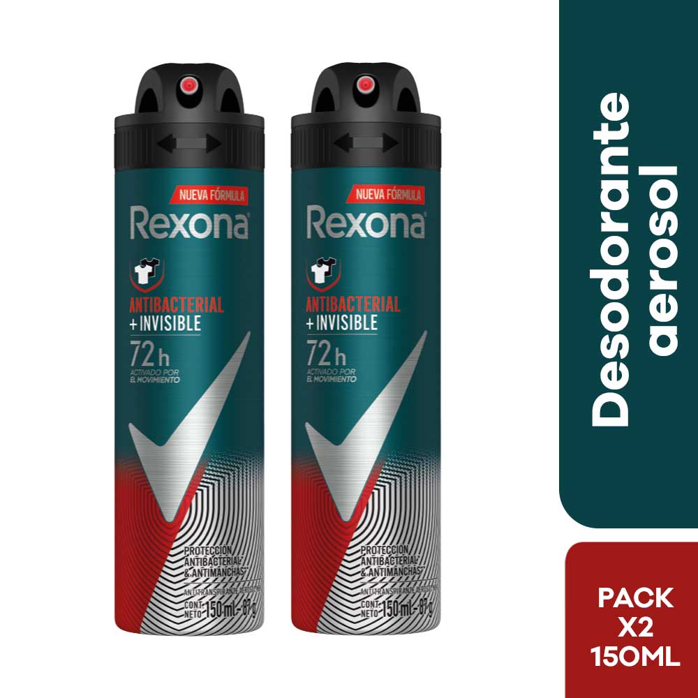 Twopack Antitranspirante en Aerosol Rexona Antibacterial + Invisible 150ml