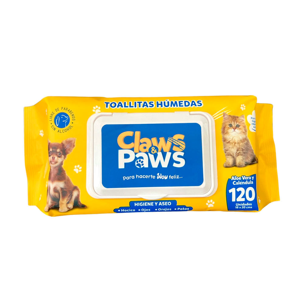 Toallitas Húmedas para Mascotas Claws Paws Aloe Vera 120un