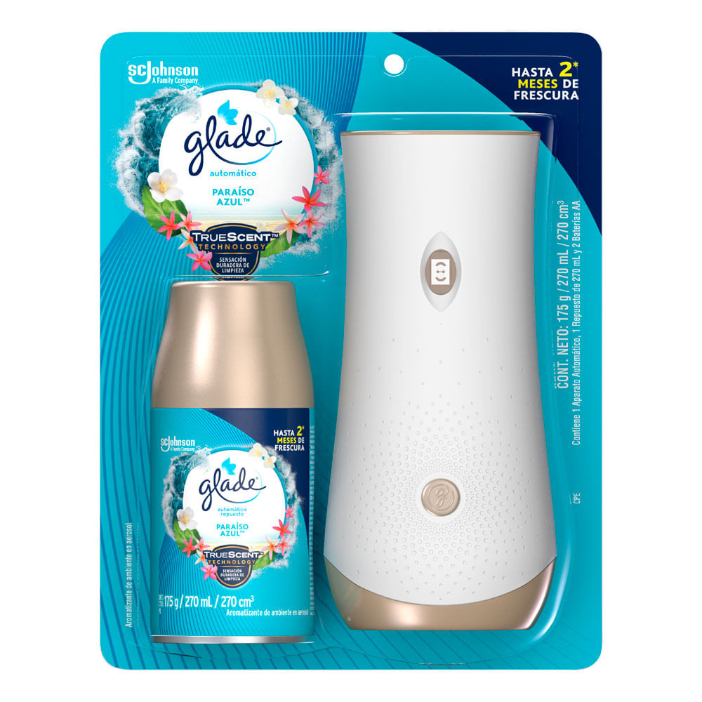 Ambientador Glade Automático en Aerosol Aparato Paraíso Azul 175g