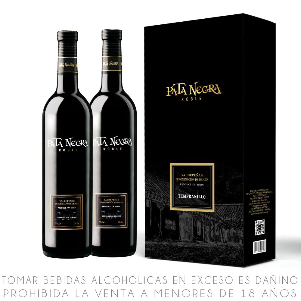 Twopack Vino Tinto Tempranillo Pata Nega Roble Botella 750ml