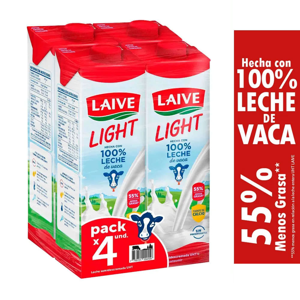 Fourpack Leche Semidescremada UHT Laive Light Caja 946ml