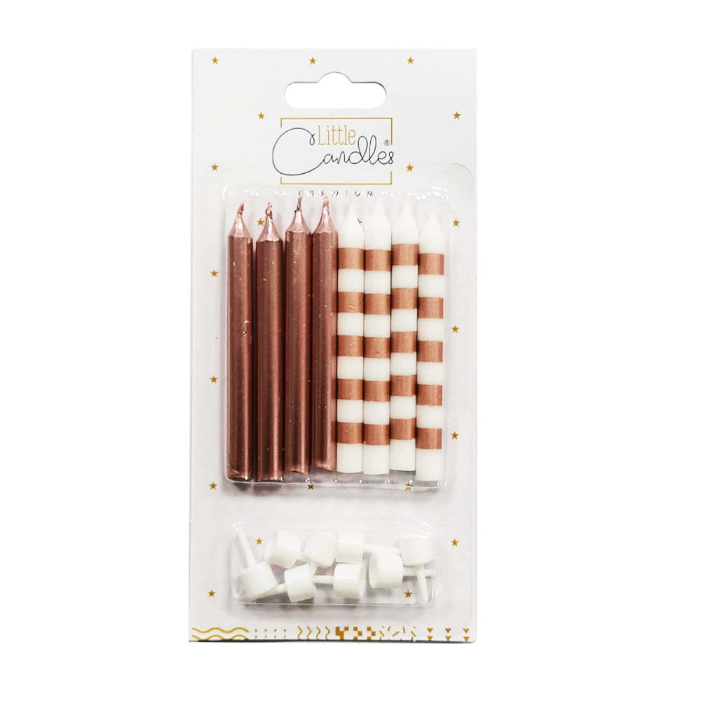 Velas Lisas Rayas Dorado Plata Rosa 8 Unidades