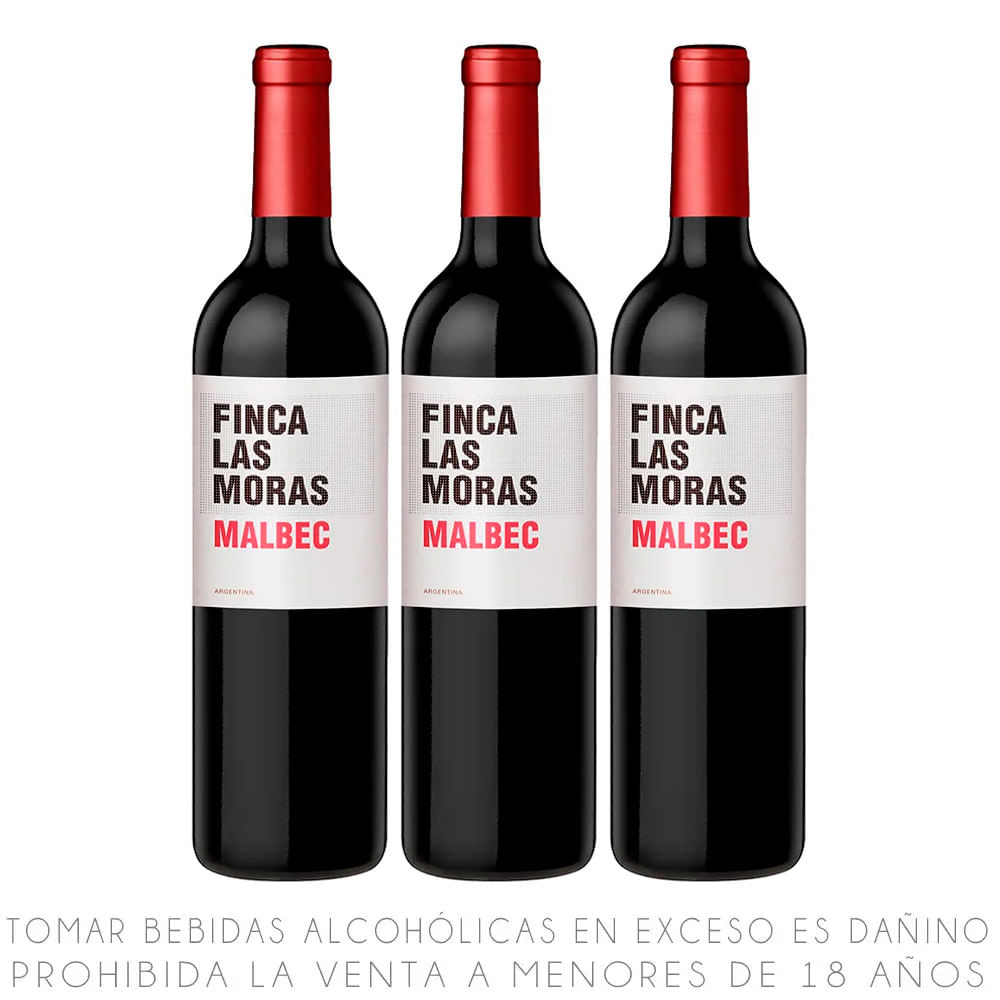 Tripack Vino Tinto Malbec Finca Las Moras Botella 750ml