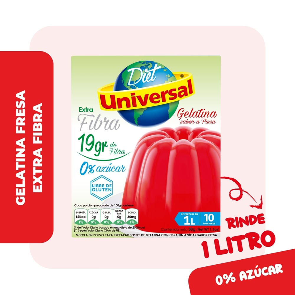 Gelatina Universal Extra Fibra Fresa Caja 38 g