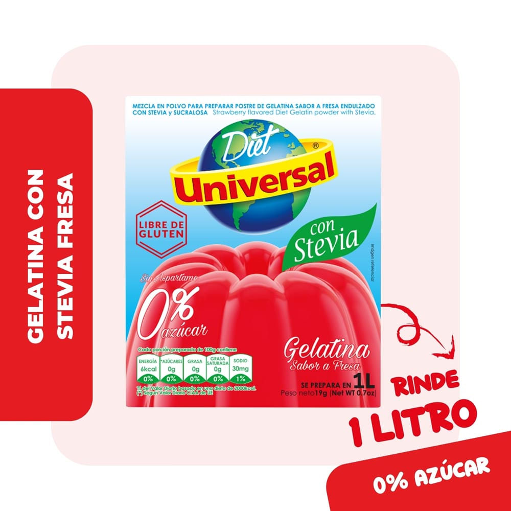 Gelatina Diet Universal con Stevia Fresa Caja 19 g