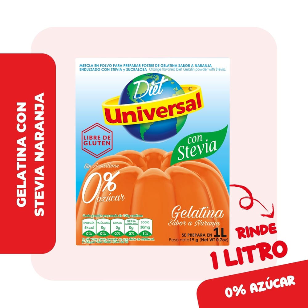 Gelatina Diet Universal con Stevia Naranja Caja 19 g
