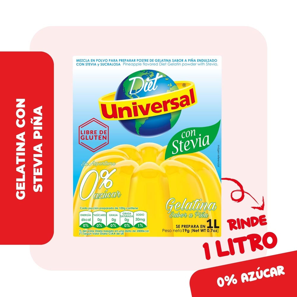 Gelatina Diet Universal con Stevia Piña Caja 19g