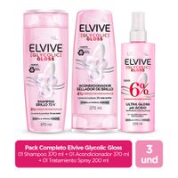 Pack Elvive Glycolic Gloss: Shampoo + Acondicionador + Tratamiento Gloss