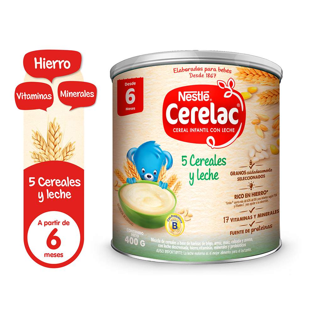 Cereal Infantil en Polvo Cerelac 5 Cereales y Leche 400g