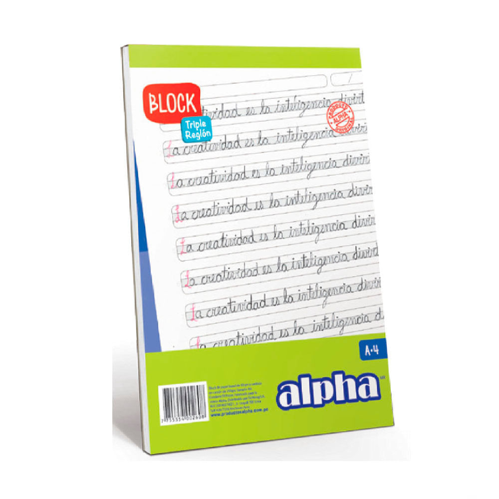 Block Hojas Triple Renglón A4 Alpha 50 Hojas