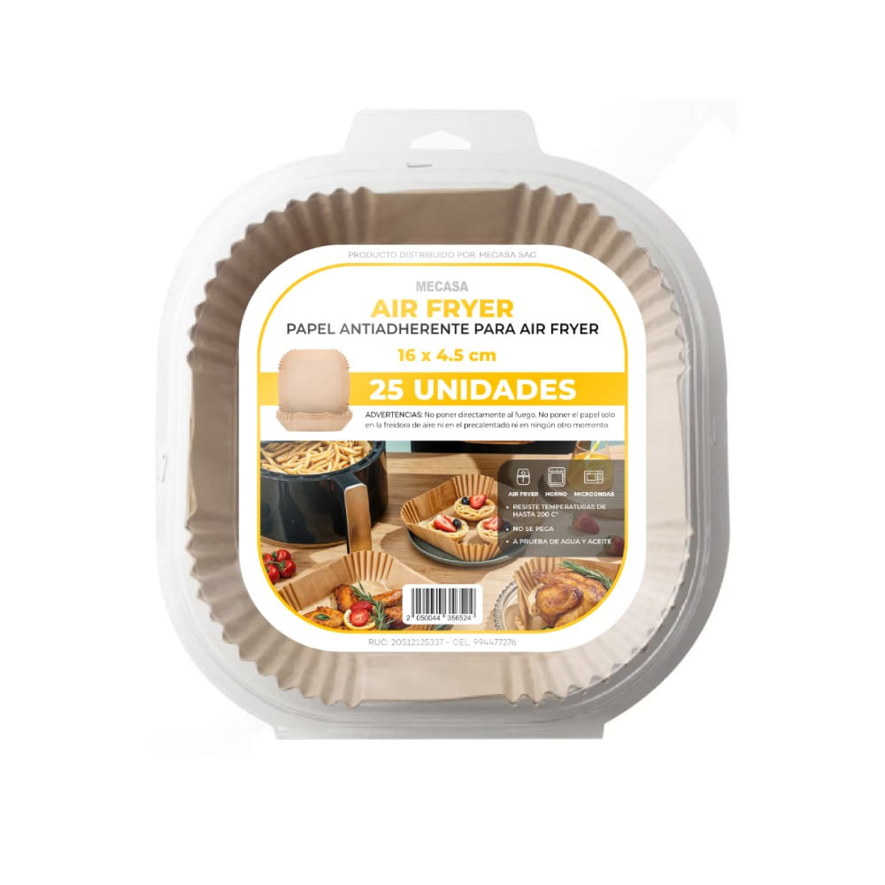 Papel Antiadherente para Air Fryer Mecasa Cuadrado 16x4.5cm 25un