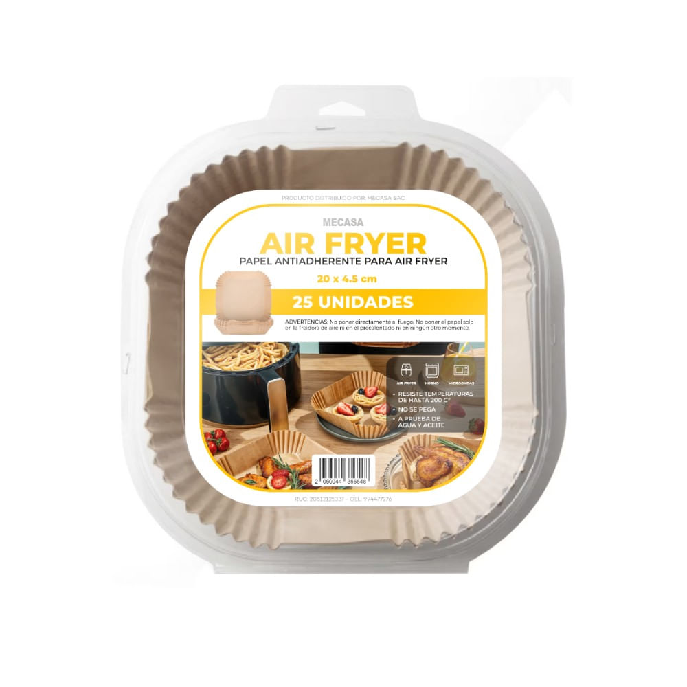 Papel Antiadherente para Air Fryer Mecasa Cuadrado 20x4.5cm 25un